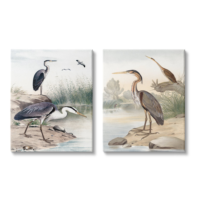 Elegant Heron Birds Forager River Edge Scene par Piddix - 2 pièces sur, H 16 po x l 20 po x P 1,5 po