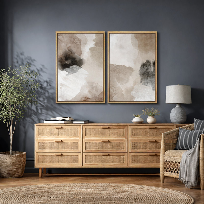 Grunge Abstract Paint Stroke Effect "Tan Brown Abstract Artwork, Modern Neutral Minimal Wall Pictures, Framed Canvas Giclée Print 2 Pieces Wall Art" 16x24x2 pcs, 24x36x2 pcs