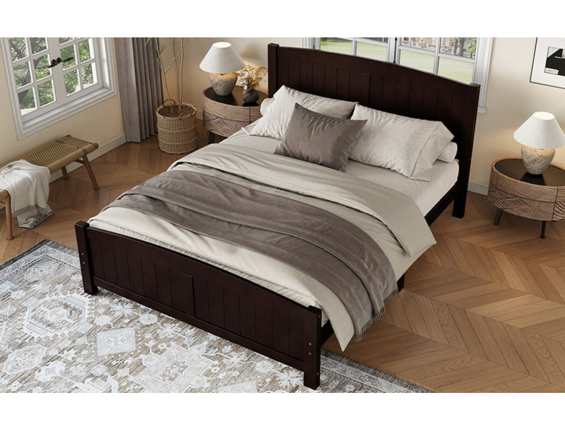 Grand lit plateforme, lit plateforme en bois massif avec lattes de soutien et structure solide, aucun sommier nécessaire, espresso