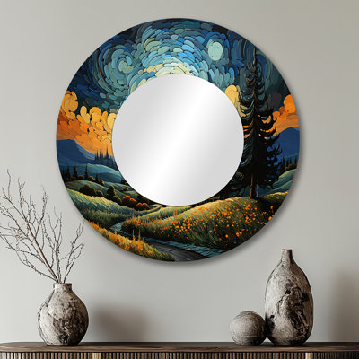 Vangogh The Swaying Cypress III - grand miroir Vangogh, décor de miroir mural rond bleu sarcelle, impression d'art en métal