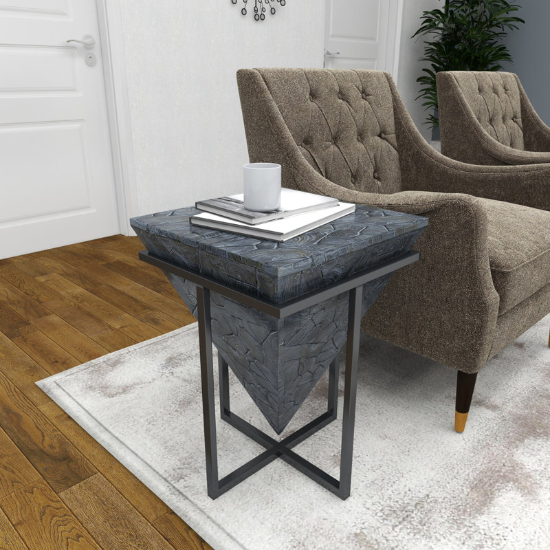 Teak Wood Handmade Mosaic Pyramid Geometric Side End Gray Accent Table with Black Metal Stand