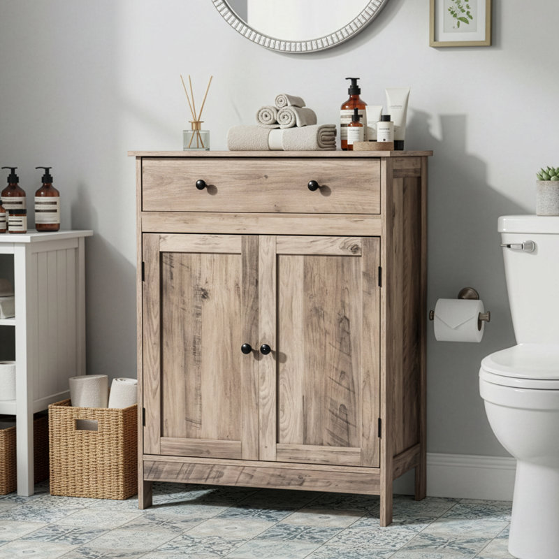 Armoire de rangement pour salle de bain gris délavé avec 2 portes et 1 tiroir, Gris délavé