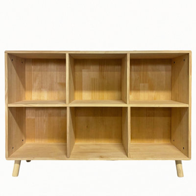6-Cube Wooden Storage Shelf with Legs, Freestanding Open Bookcase, Natural Solid Wood Finish