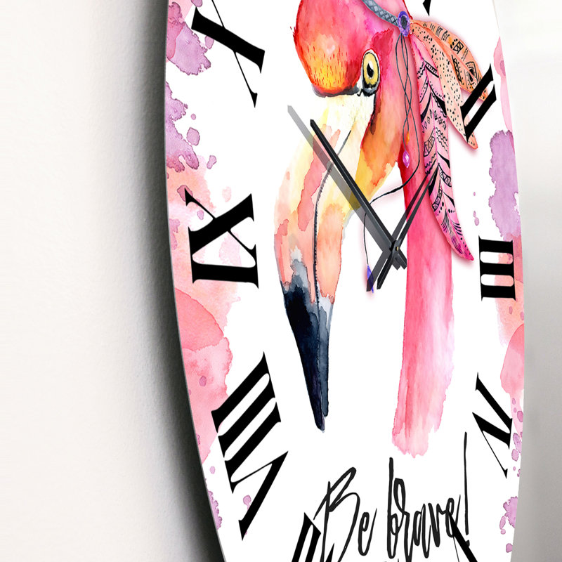 «Be Brave», flamant rose avec plumes - horloge murale traditionnelle, Moyenne