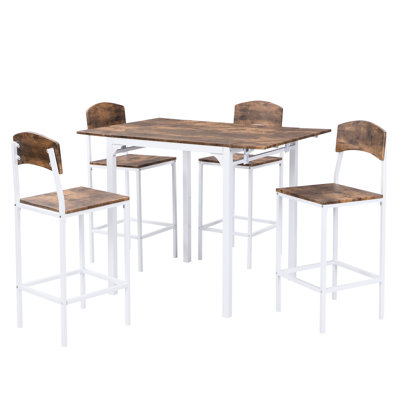Table de salle à manger à hauteur de comptoir, 4 tables, plateau brun rustique, structure en métal blanc, table avec mode d'utilisation de l'espace 4 chaises, feuille, idée d'économie