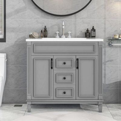 avec lavabo supérieur intégré, armoire de rangement moderne avec 2 portes à fermeture douce et 2 tiroirs, ensemble de meuble-lavabo simple avec lavabo en céramique pour rénovation de salle de bain