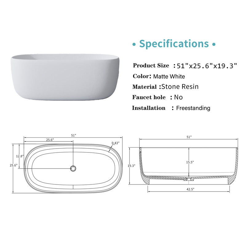 Baignoire de trempage autoportante en résine 51 po à surface solide avec trop-plein et bonde escamotable blanche 51 po