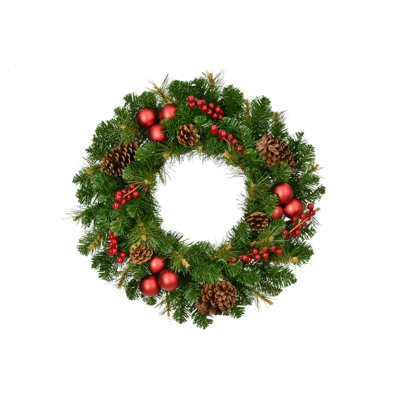 Couronne de Noël 24 po avec pommes de pin et ornements baies