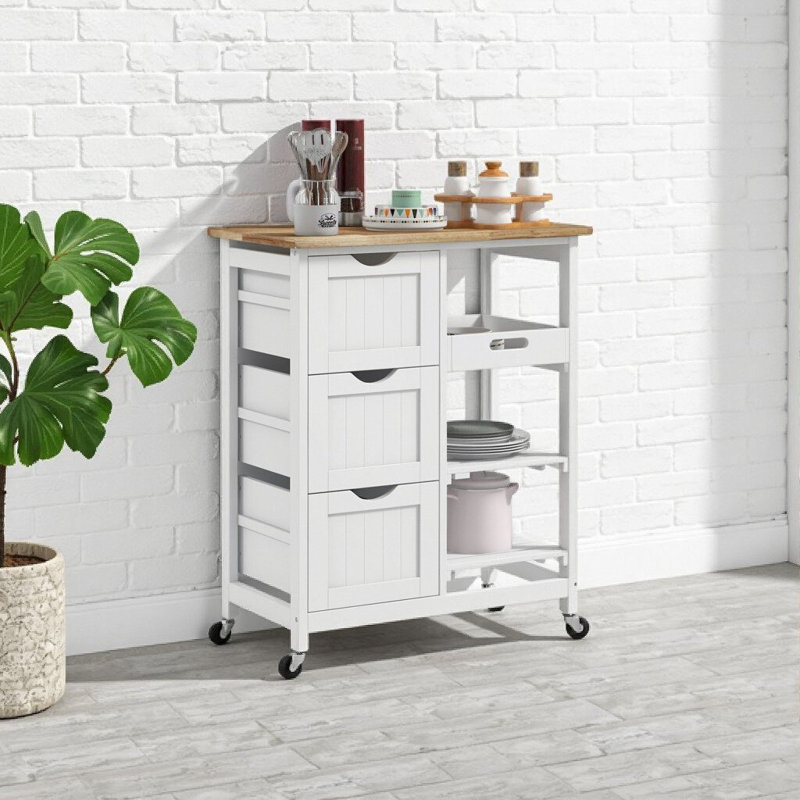 Chariot pour îlot de cuisine blanc avec roulette, 3 tiroirs, tablettes de rangement et roulettes, Blanc