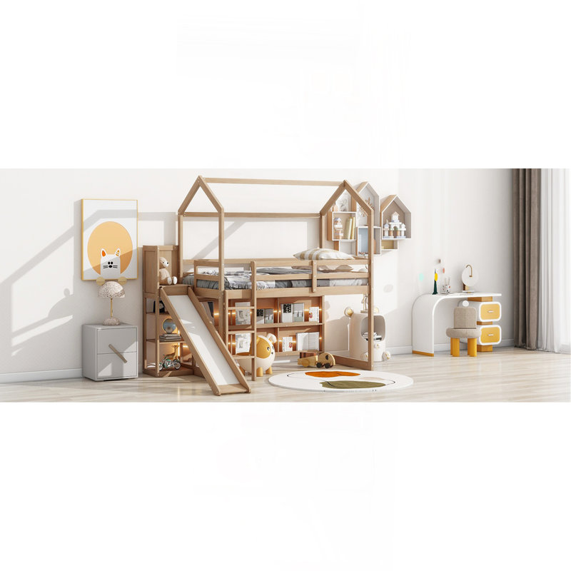 Lit mezzanine simple en bois avec glissade, Bois