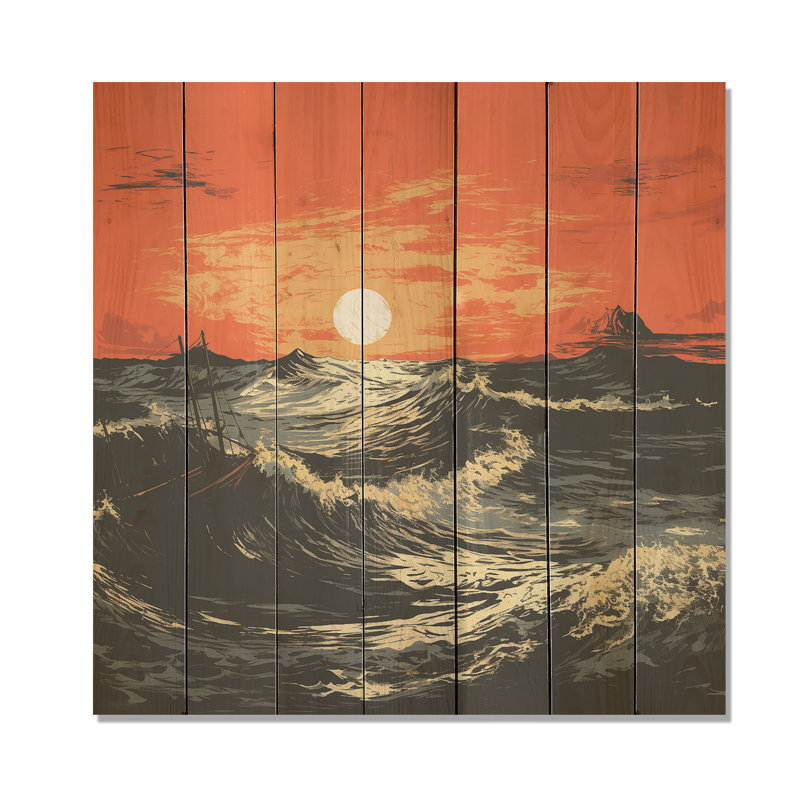 Tangerine Skies Ocean Waves IV - Coucher de soleil côtier sur bois, H 25 po x l 25 po
