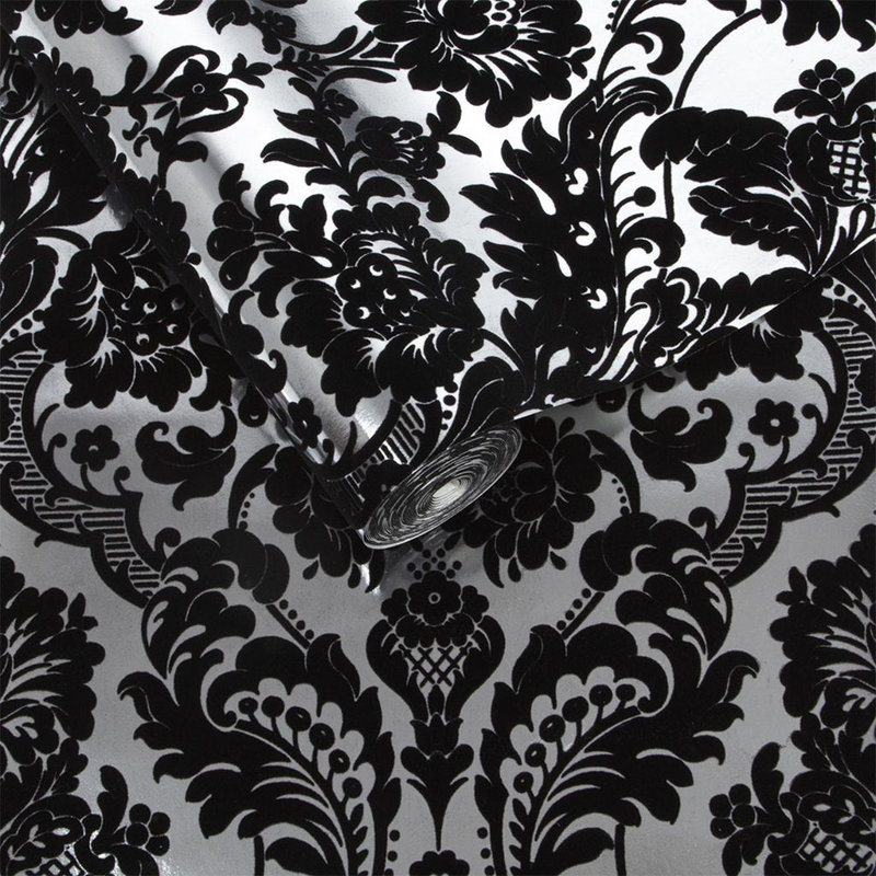 Gothic Damask Metallic Wallpaper Roll, Black/Silver