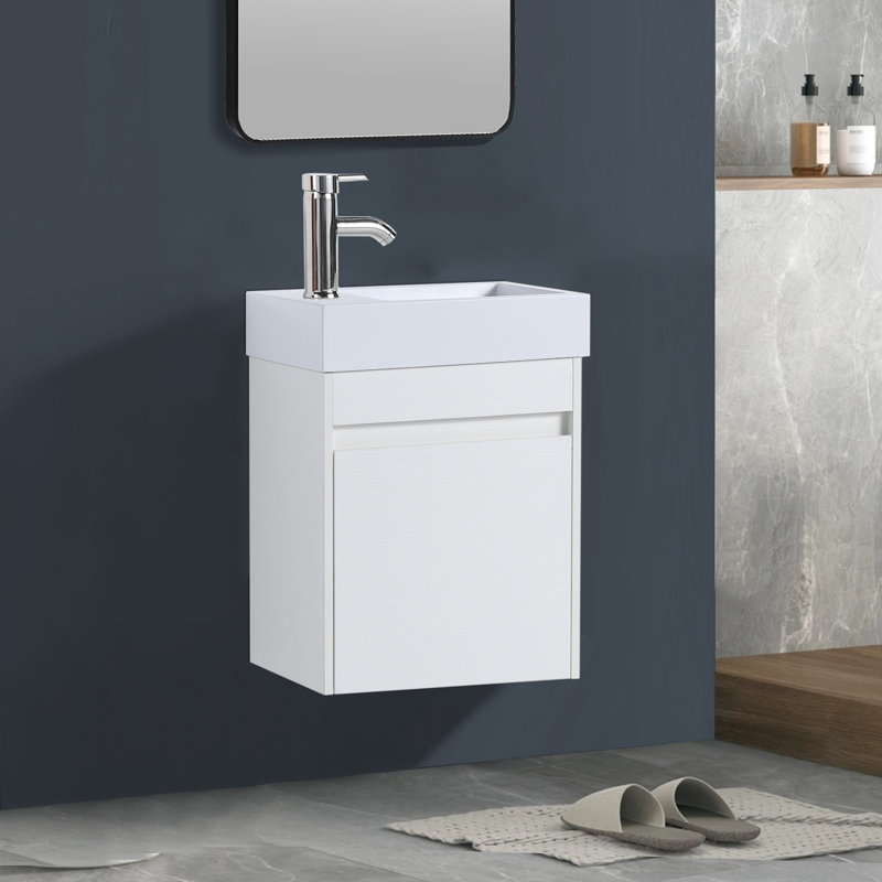 Armoire de salle de bain murale 18 po avec lavabo en résine, meuble-lavabo flottant pour petits espaces, Blanc