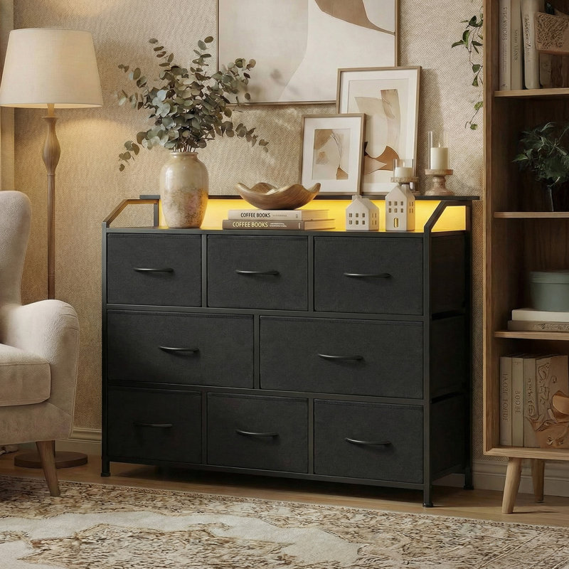 TV Stand with 8 Fabric Drawers & LED Lighting, Black