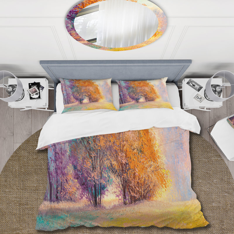 Autumn Forest Orange Leaves Original Landscape - Ensemble de housse de couette Lake House - Microfibre de polyester