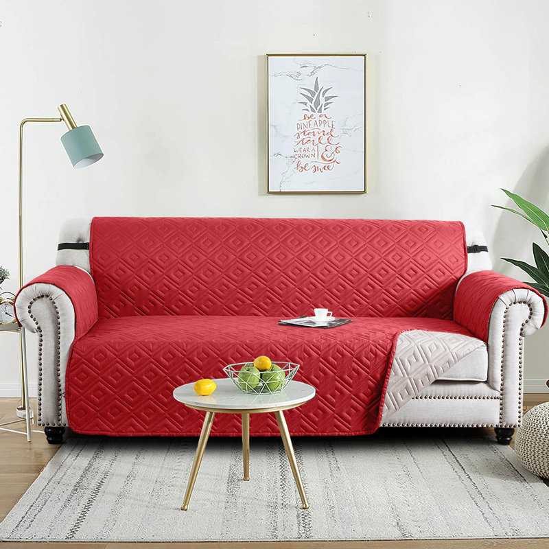 Microfiber / Microsuede Box Cushion Sofa Slipcover, Burgundy/Beige, 179 cm H x 280 cm W