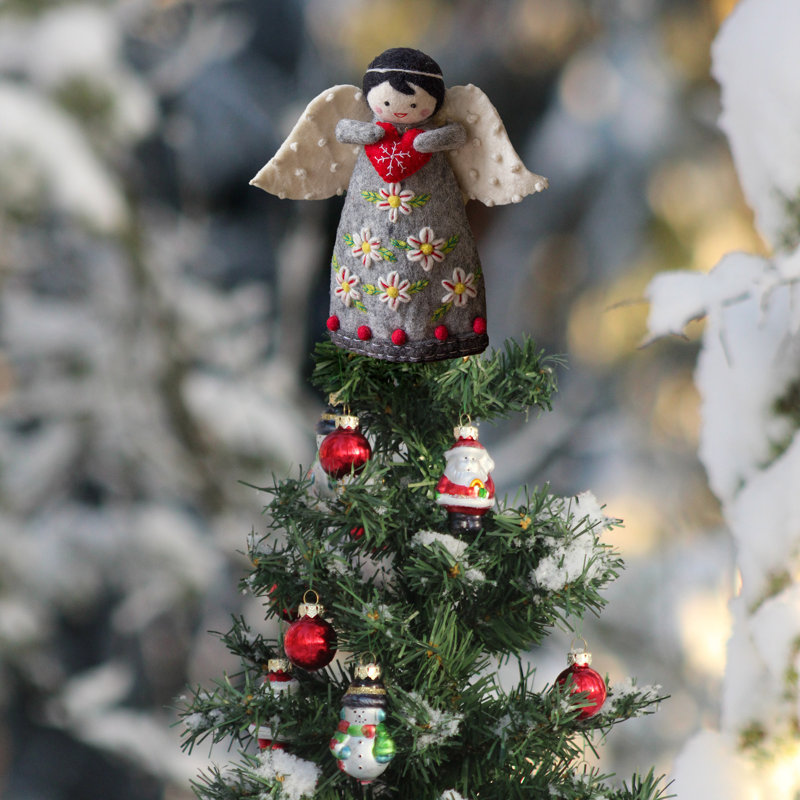 Handmade Grey Felt Angel Tree Topper with Floral Design
