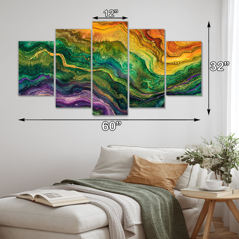 «Rainbow Stone Structure Waves - Art mural en marbre», 5 pièces, H 32 po x l 60 po