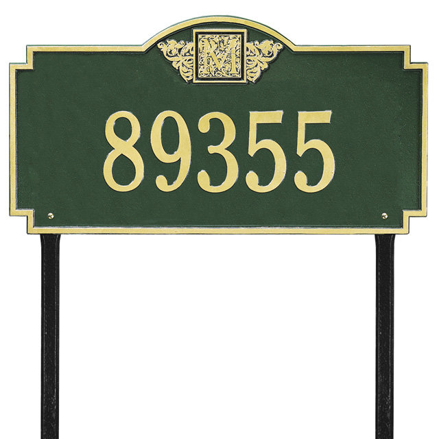 Plaque d'adresse monogramme à 1 ligne pour pelouse, Oui, Vert et or