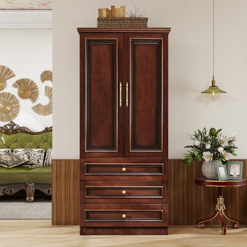 Armoire-penderie 100% bois massif avec tiroirs, armoire à 2 portes pour chambre à coucher