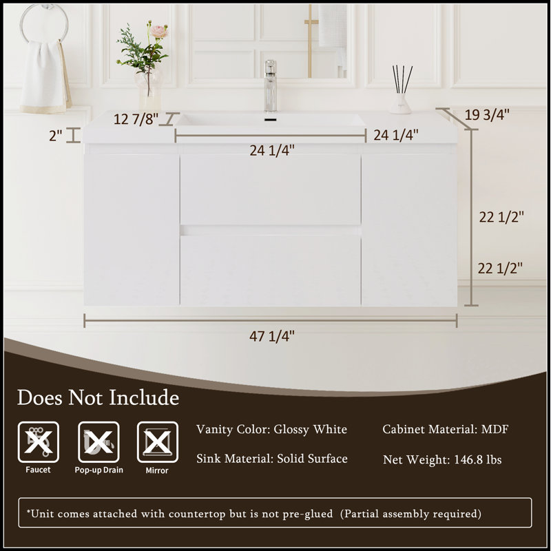 Meuble-lavabo flottant mural 48 po avec lavabo en résine et tiroirs à fermeture en douceur, finition blanche brillante pour salle de bain moderne