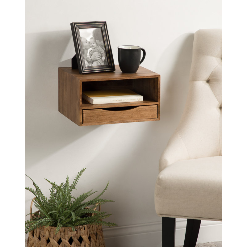 Adeana Poplar Solid Wood Floating Shelf with Drawer, Rustic Brown