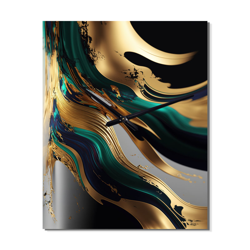 Agate verte et or II - horloge transitionnelle abstraite en métal, H 28 po x l 12 po x P 1 po