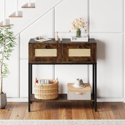 32” Console Table with 2 Rattan Drawers, Open Storage Shelf, Heavy-duty Metal Frame Rustic Brown