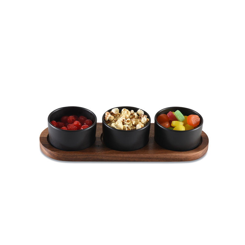 Support à condiments en bois d'acacia avec 3 céramiques