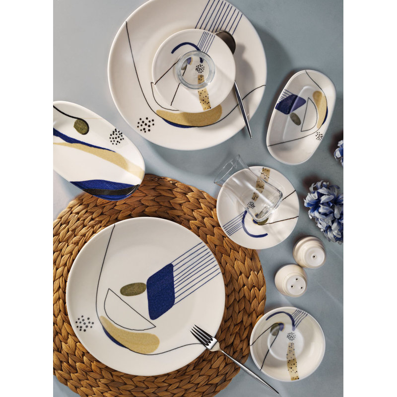 Ensemble de petit déjeuner (30 pièces), Bleu / Blanc / Jaune, Abstrait
