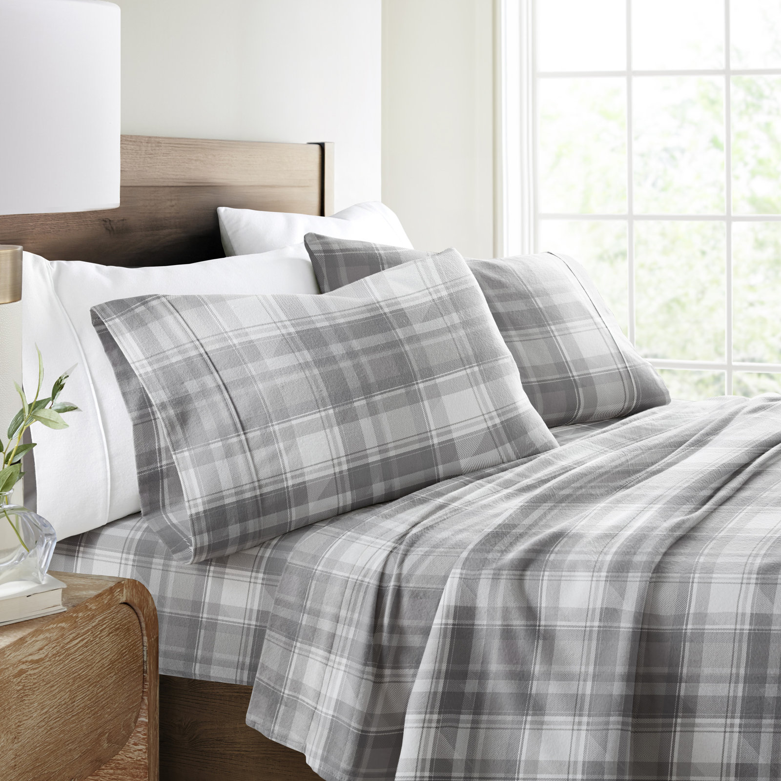 Cotton Flannel Sheet Set, California King Sheet Set, Light Gray / Plaid