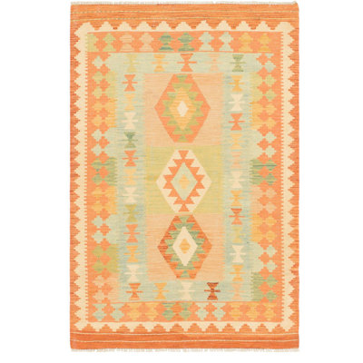 Tapis de zone en laine orange/vert 3 pi 2 po x 5 pi one-of-kind-noué la main Elland
