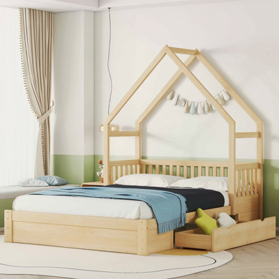 Grand lit plateforme en bois avec garde-corps et 2 tiroirs