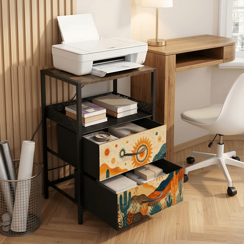 Table de chevet 2 tiroirs avec station de charge, table de chevet pour chambre à coucher avec ports USB, tablette ouverte noire, table de chevet avec paysage désertique boho