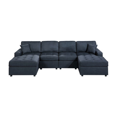 Modern Dark Blue Sectional With / Chaise, 2 Armless Chairs, Seats, Square Arms, Low Profile And Fabric Transitional 3 , Cushion Back, Arms Pillows