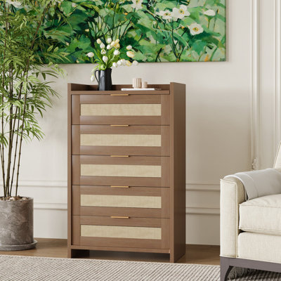 Commode en rotin pour chambre à coucher, commode 5 tiroirs avec poignées dorées, commode de rangement en bois de 46 po de hauteur pour chambre à coucher, salon, couloir