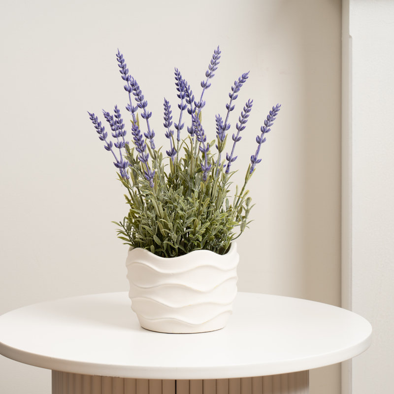 33cm Faux Lavender in Wavy Cement Pot