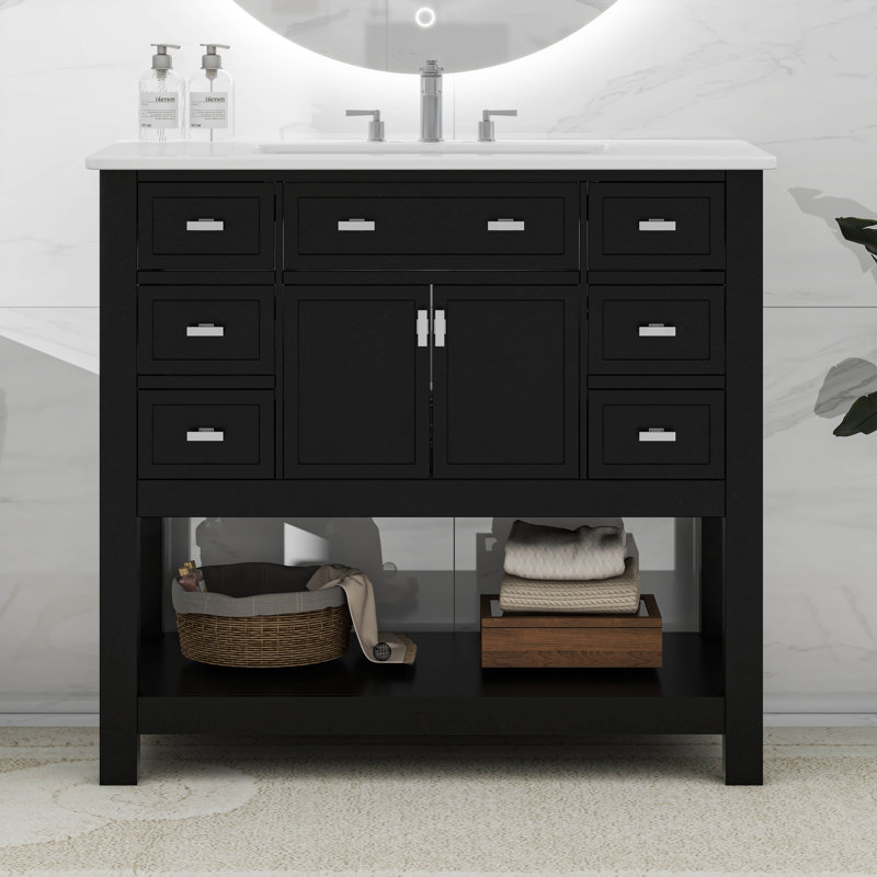 Meuble-lavabo moderne de 36 pouces avec lavabo supérieur, 6 tiroirs et 2 portes à fermeture douce, Noir