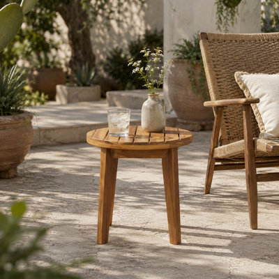 Round Acacia Wood Outdoor Side Table with Slatted Top