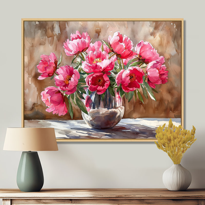 Pivoines dans un vase en acier inoxydable - pivoines grand art mural, Impression encadrée flottante, Crème, crème