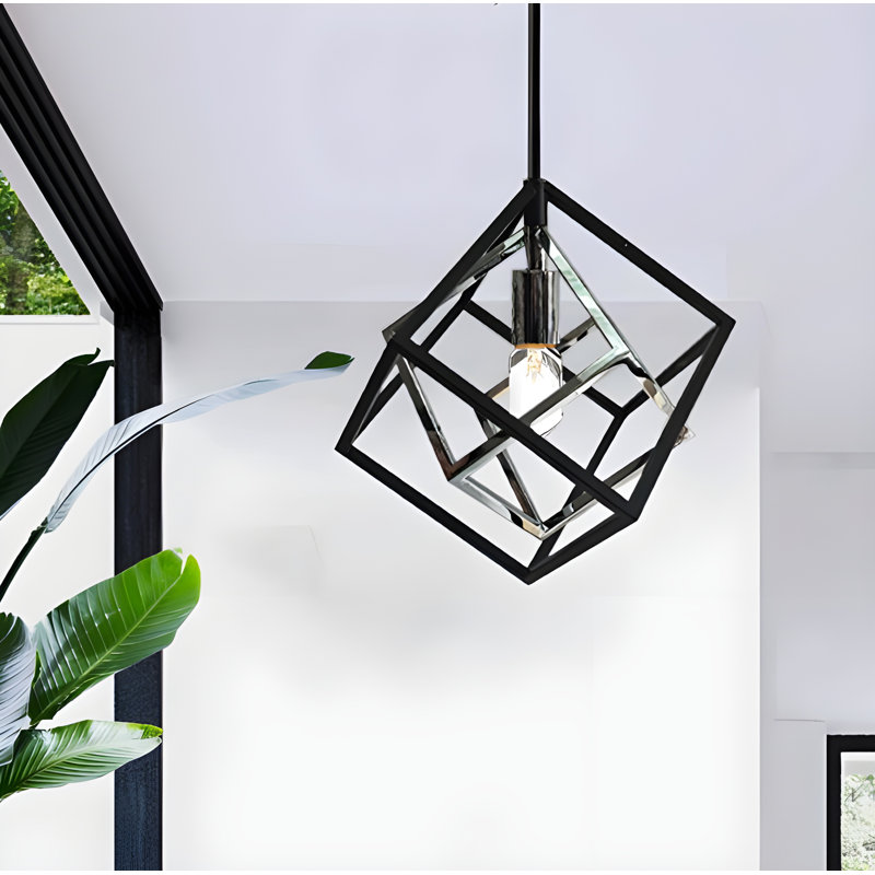 1-Light Double Finish Industrial Cube Pendant Light, Matte Black/Chrome