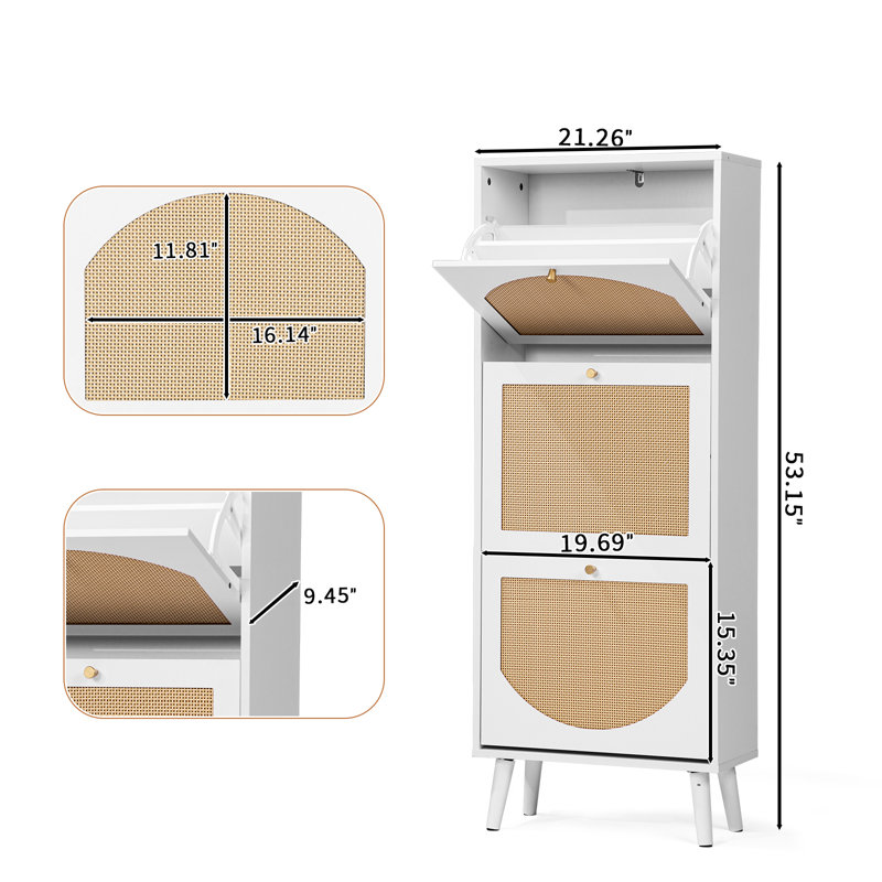 Armoire de rangement pour chaussures en rotin de 53 po de hauteur, Blanc