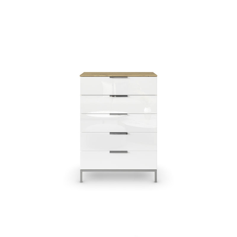 Flipp 5 - Drawer Chest of Drawers, Artisan Oak/White Glass/Chrome