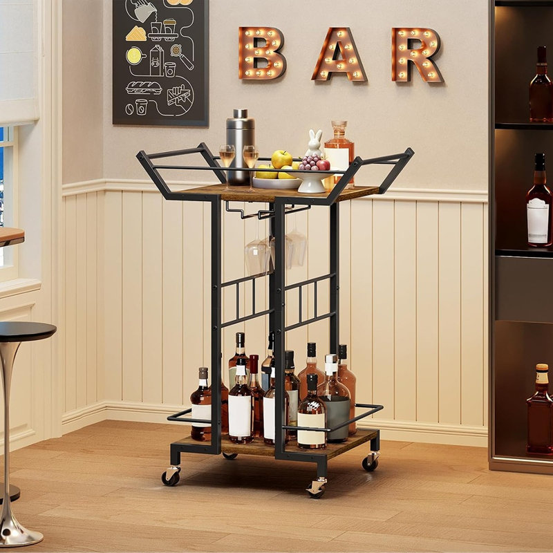 Chariot de bar à 3 niveaux avec porte-verres à vin, chariot de service à roulettes, organisateur de boissons, brun rustique