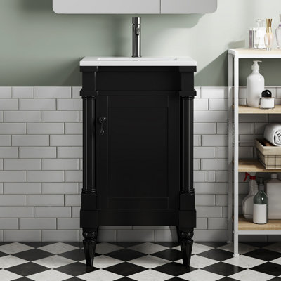 Meuble-lavabo de salle de bain moderne - noir, rétro, peu encombrant et bois massif, lavabo en céramique avec trou de trop-plein de style rétro noir, meubles, rangement spacieux, fonction de nettoyage facile