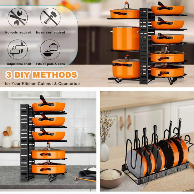 Paquet de 2 supports pour casseroles et poêles, organisateurs de support à casseroles, support de rangement et d'organisation de cuisine, porte-casseroles réglables et support à casseroles