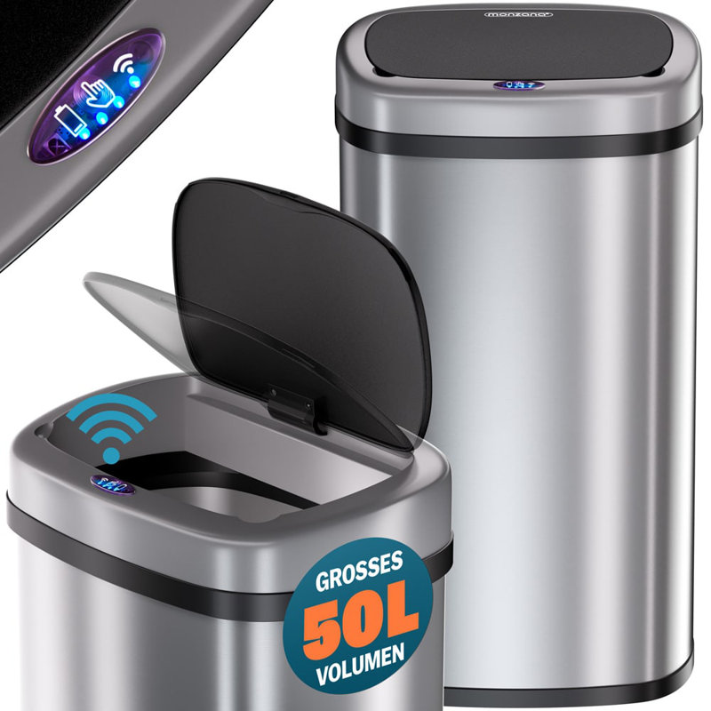 Rontavis Stainless Steel Kitchen Trash Can, 62cm H x 40cm W x 29cm D, Silver/Black