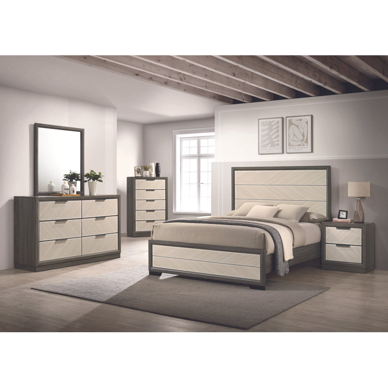 Ensemble de chambre à coucher 6 pièces Visalia - Lit très grand avec commode, miroir, commode et 2 tables de chevet