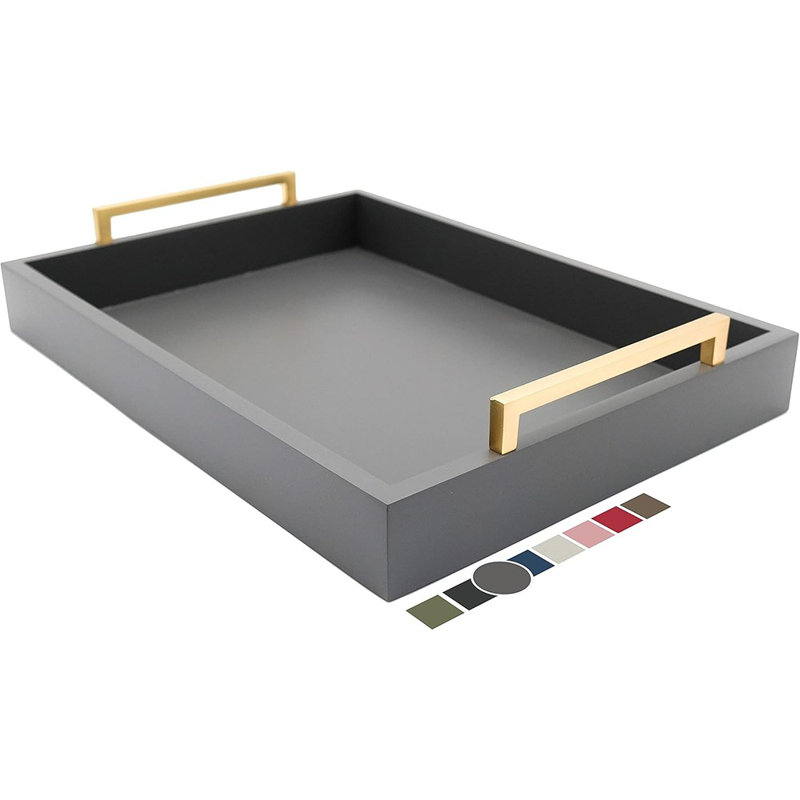 Plateau décoratif pour table basse - plateau repose-pieds - plateau pour déjeuner, boissons et boissons alcoolisées - de style campagnard à moderne - finition mate - poignées champagne or brossé - gris anthracite