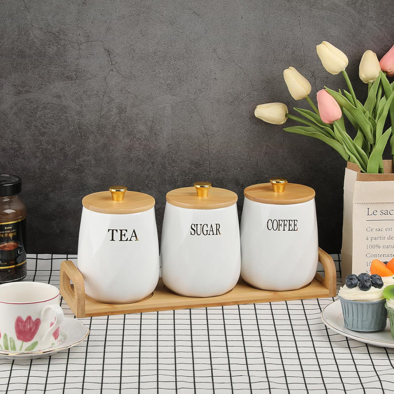 Set Of 3 Ceramic Canisters Set For Sugar Coffee Tea With Handle Tray, Luxurious Storage Containers Sets With Lids Decorative Storage Pots Black Ceramic Storage Jar For Kitchen Dining Room